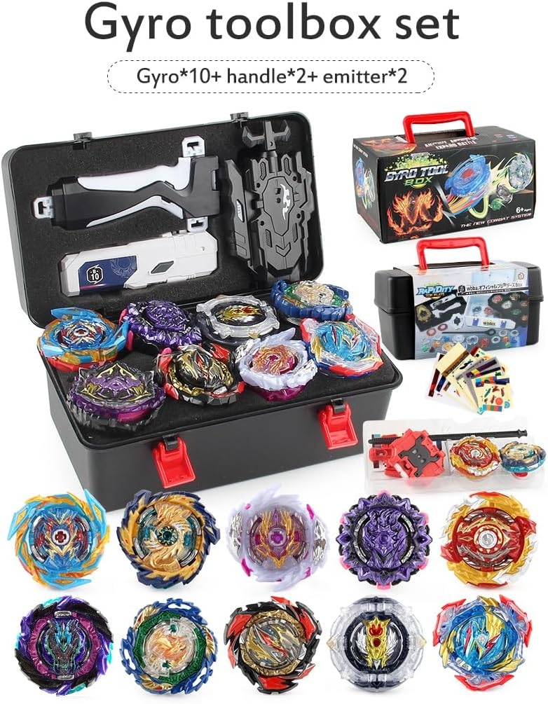Juego de trompos de combate, juguetes de giroscopio Burst 10 trompos giratorios 2 lanzadores con caja de almacenamiento portátil, juego de combate para niños, niños y niños