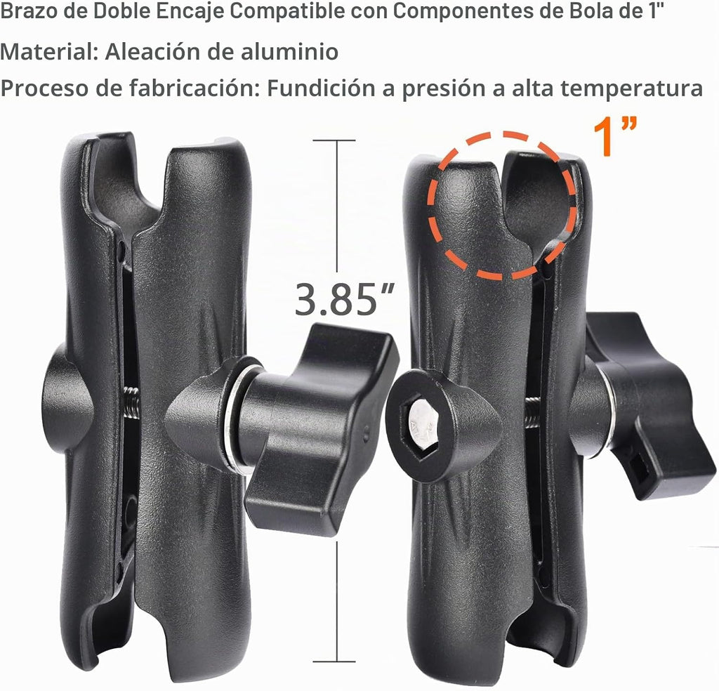 Soporte de bola de aluminio de 1 pulgada, extensión de brazos de doble enchufe con diamante AMPS y base redonda, para montaje en automóvil, barco y tablero, compatible con GPS RAM B tamaño GPS