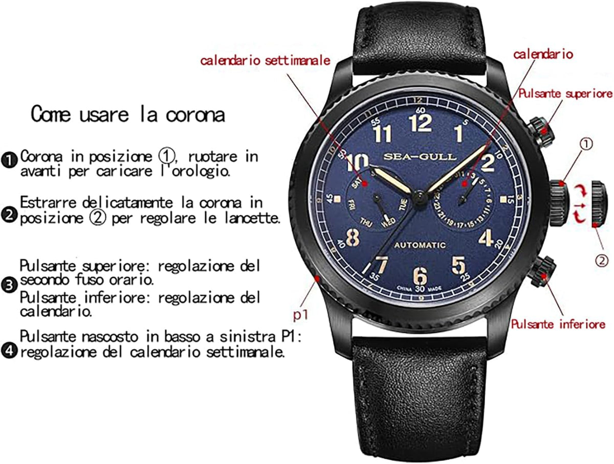 Seagull 1963 Serise Reloj para hombre Moda Deportes Multifunción Sapphire Luminoso Reloj mecánico automático Serie Pilot (Blanco)