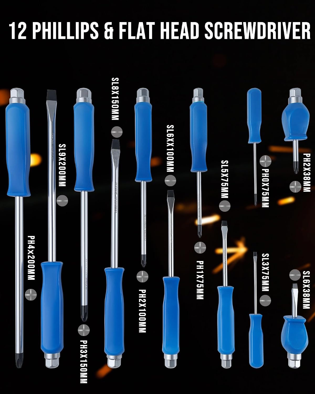 Lichamp - Juego de destornilladores de 12 piezas de servicio pesado, kit de destornilladores magnéticos Go-Thru con alto par de torsión, 6 puntas Phillips y 6 puntas planas