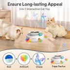 ORSDA Juguete para gatos, juguete interactivo electrónico automático 3 en 1 con plumas de emboscada en movimiento, mariposa revoloteante, bolas de seguimiento, pateador inteligente recargable por USB