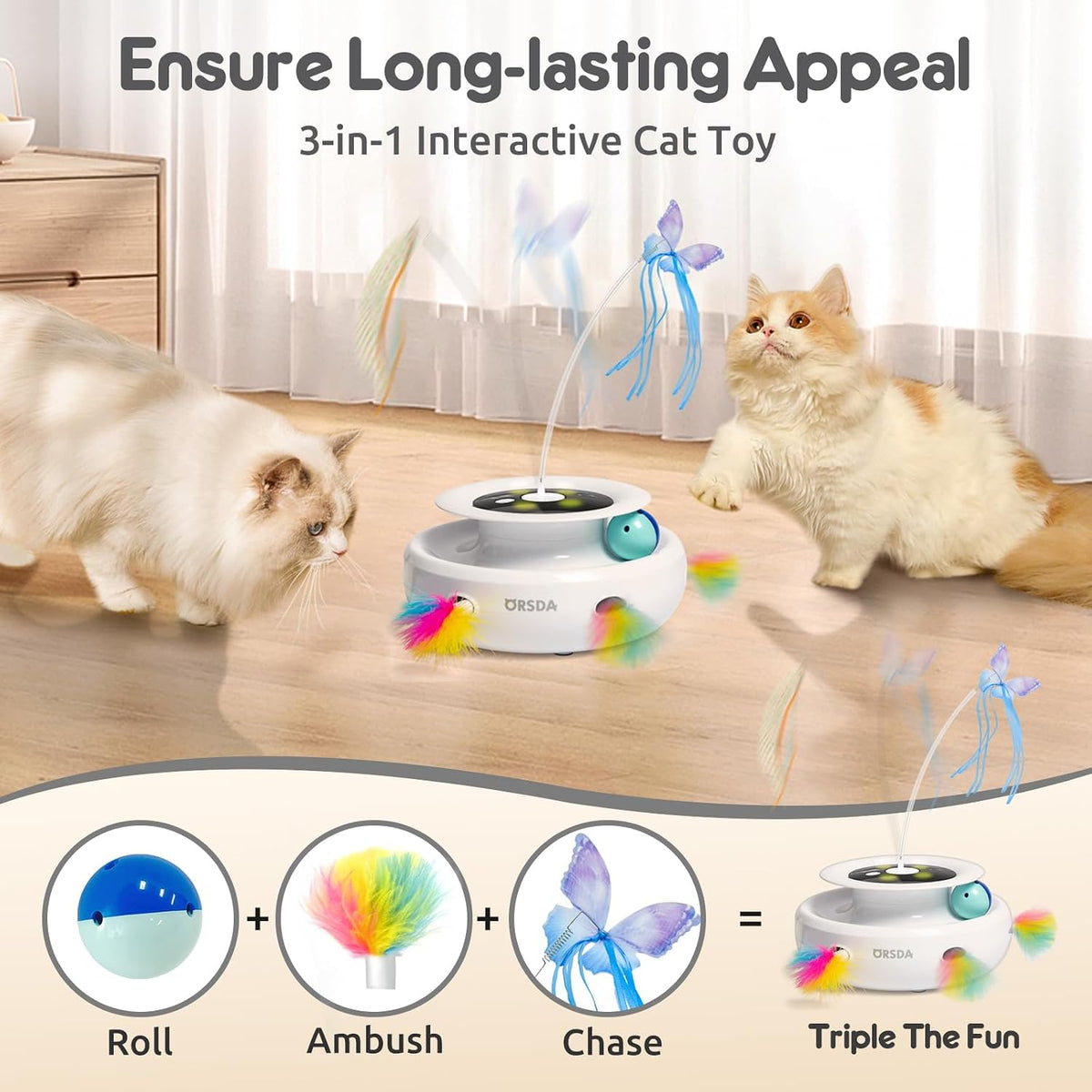 ORSDA Juguete para gatos, juguete interactivo electrónico automático 3 en 1 con plumas de emboscada en movimiento, mariposa revoloteante, bolas de seguimiento, pateador inteligente recargable por USB