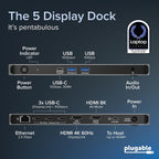 Estación de acoplamiento USB C enchufable 5 monitores, 140W, DisplayLink