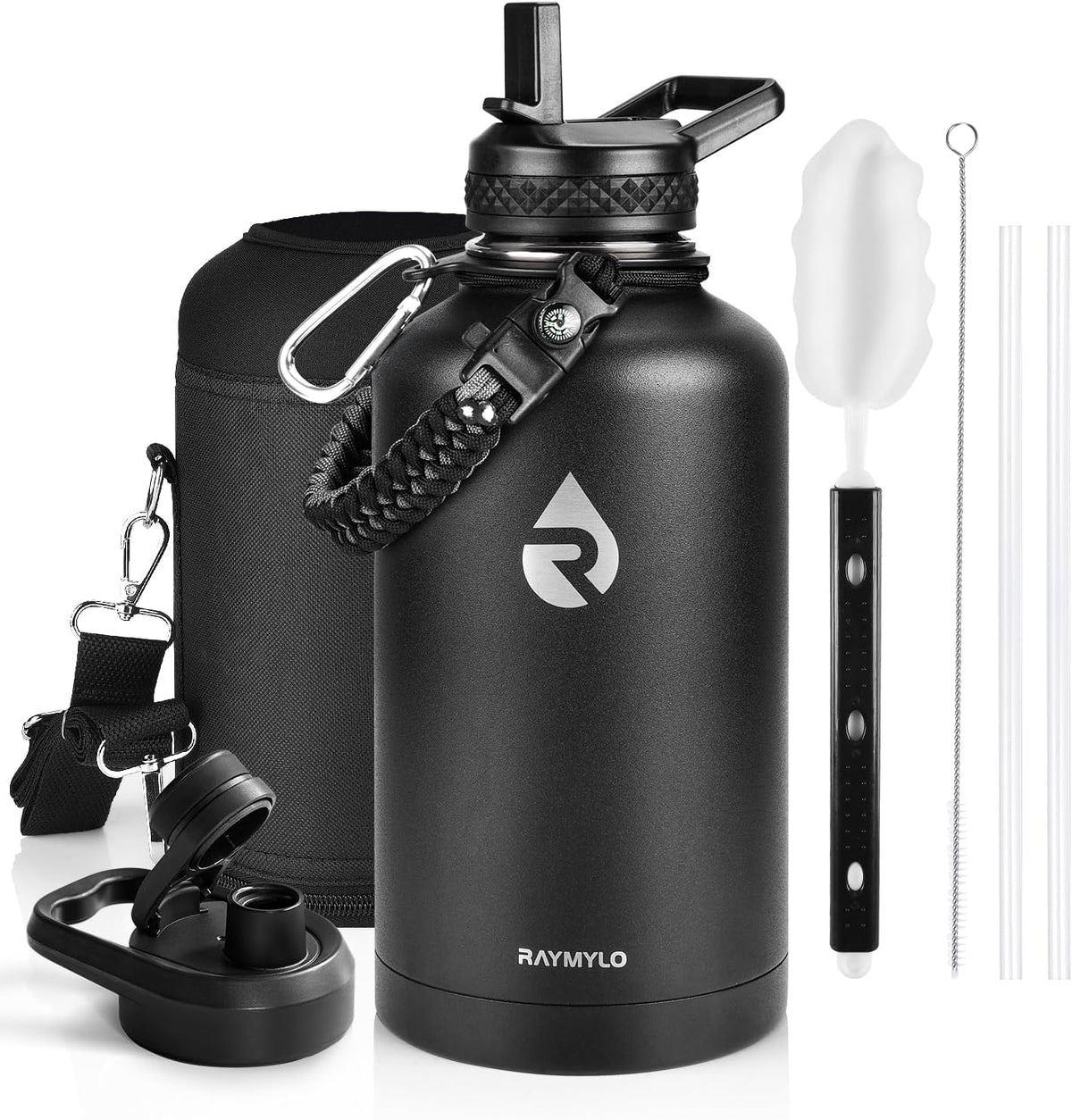 RAYMYLO Botella de acero inoxidable|Aislamiento al vacío de triple pared (fría por hasta 48 horas)|A prueba de fugas|Sin BPA|De 64 oz|Cuerda de paracaídas|Tapa con boquilla y popote|Negro mágico