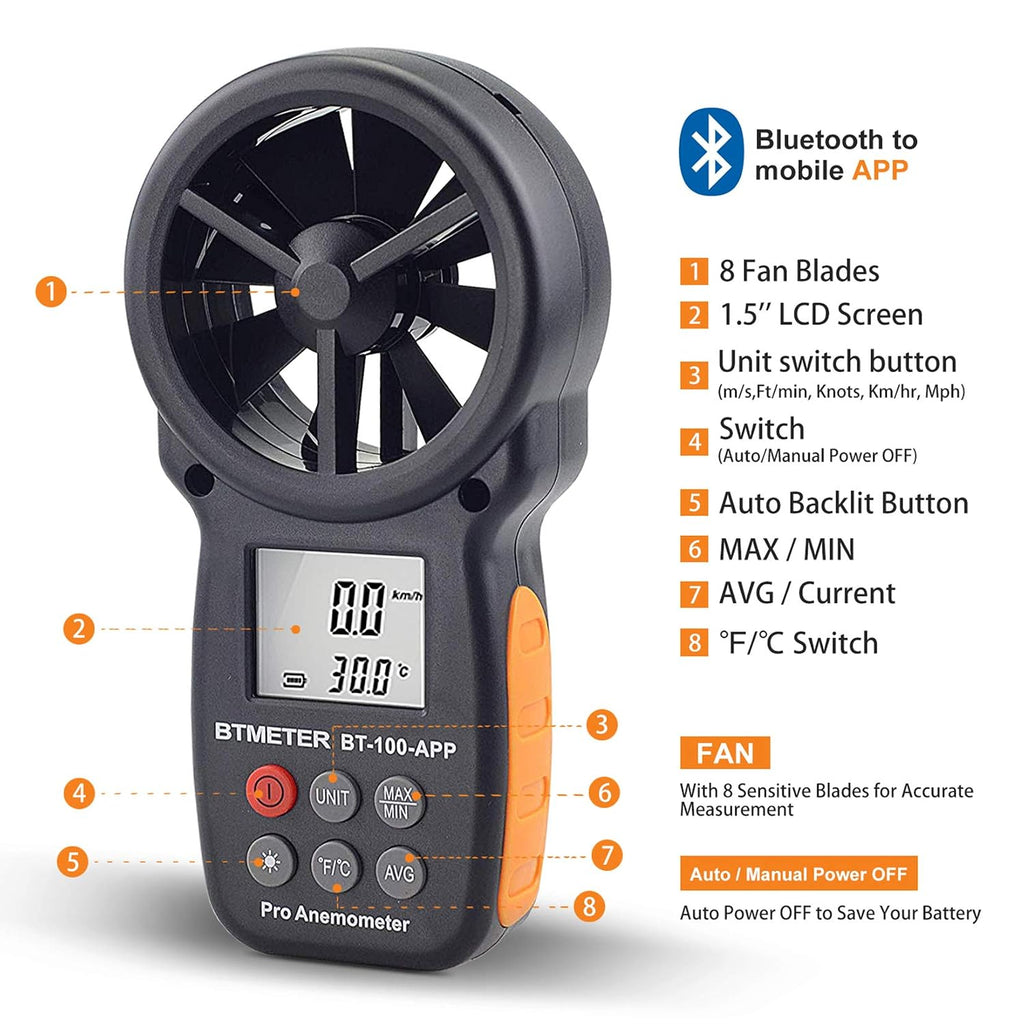 BT-100APP Anemómetro con Bluetooth Inalámbrico, Medidor de Velocidad del Viento Digital de Mano para Frio del Viento, Velocidad del Aire, Temperatura, Galga de Anemómetro de Vana