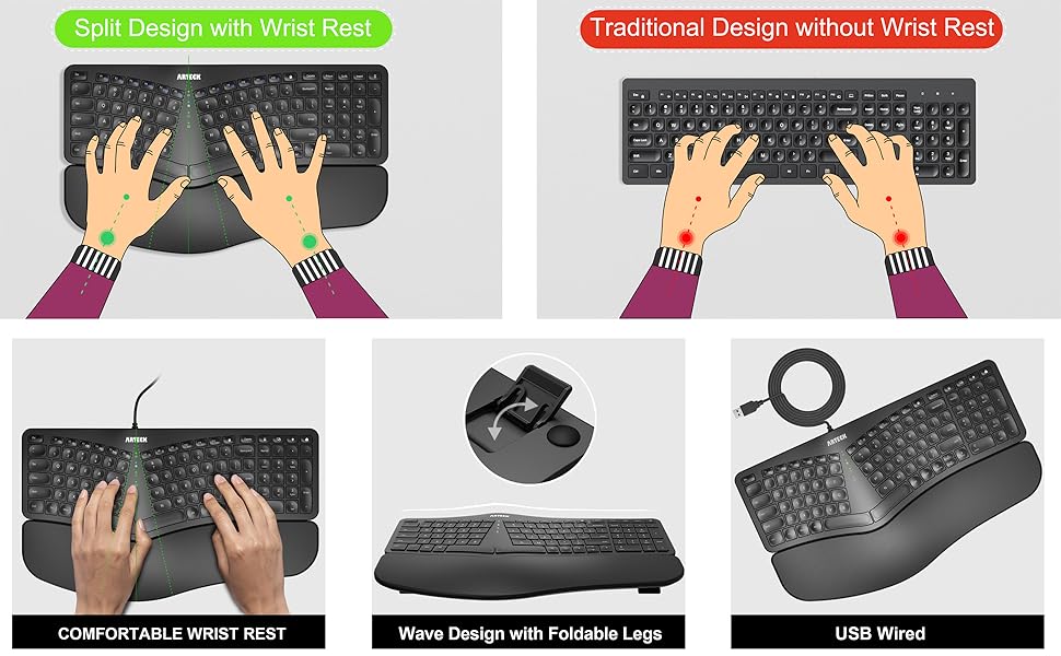 Arteck - Teclado USB Ergonómico con Cable con