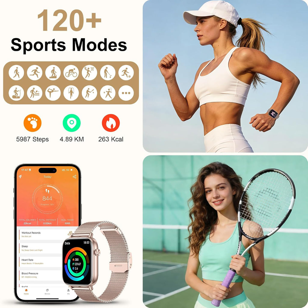 Reloj inteligente para mujer, rastreador de fitness HD de 1.85 pulgadas (respuesta/hacer llamadas/mensajes), más de 130 modos deportivos con frecuencia cardíaca 24/7/monitor de sueño/podómetro