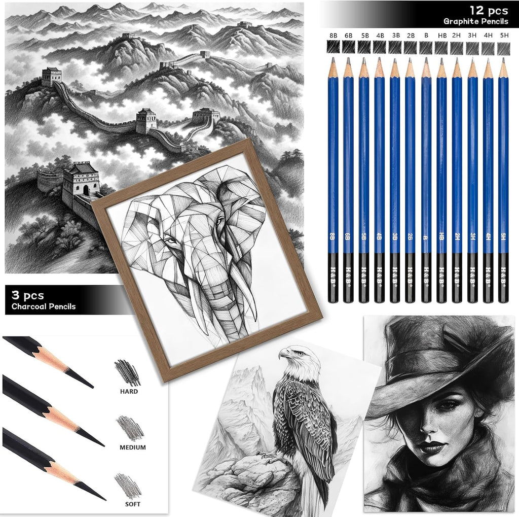 H & B Kit de boceto de 101 piezas para adultos con 3 libros y estuche con