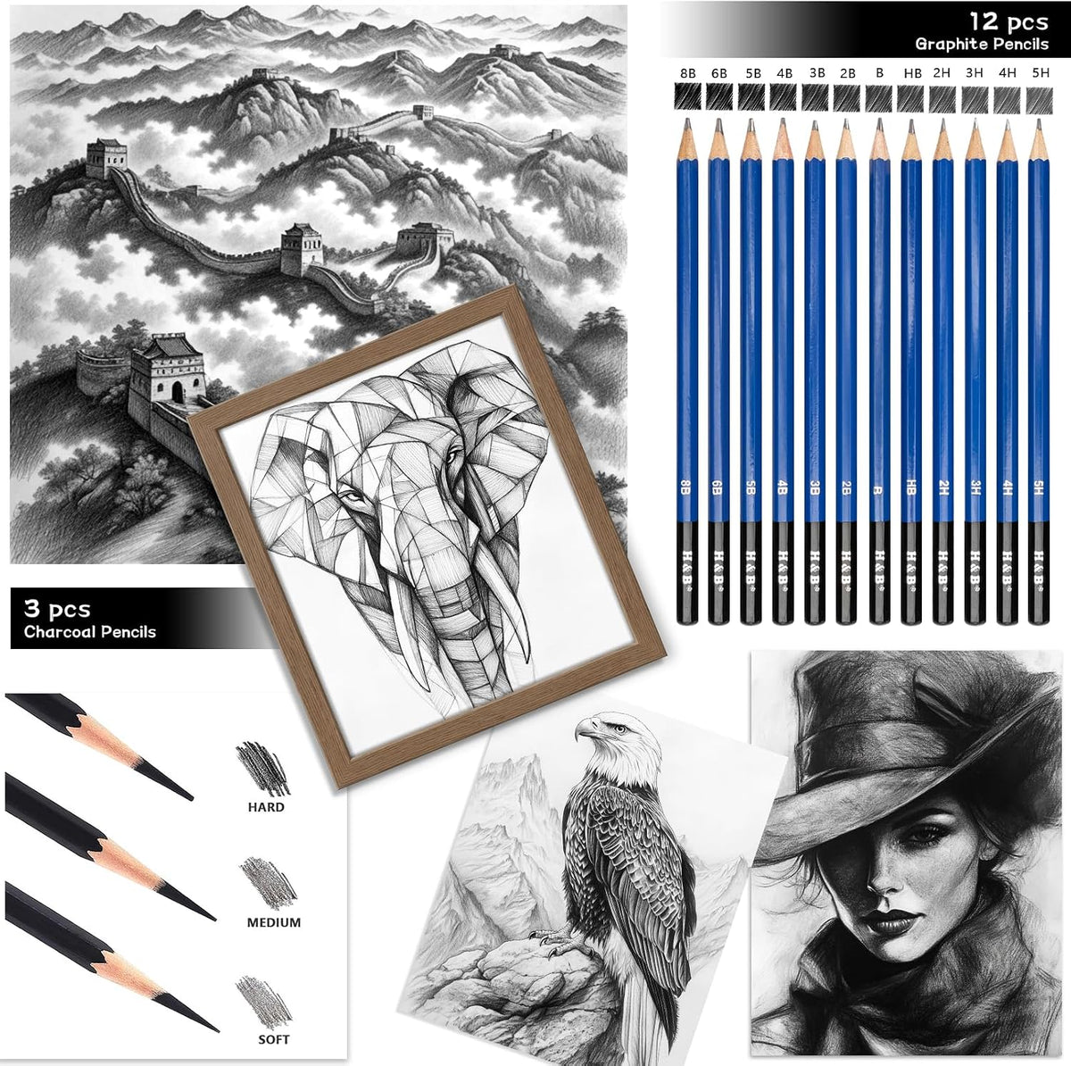 H & B Kit de boceto de 101 piezas para adultos con 3 libros y estuche con