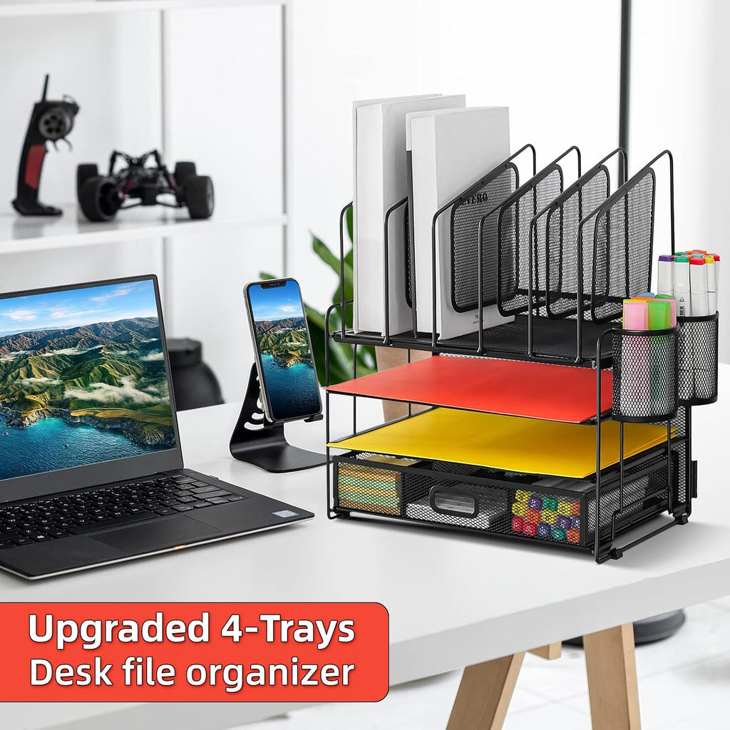 Lámpara Marbrasse Desk organizer with Drawer, 4-Tier Mesh File Organizer with 5 Vertical File Holders and 2 Pen Holders, Multifunction Desktop Organizer,Desk Organizers and Accessories for Home Office