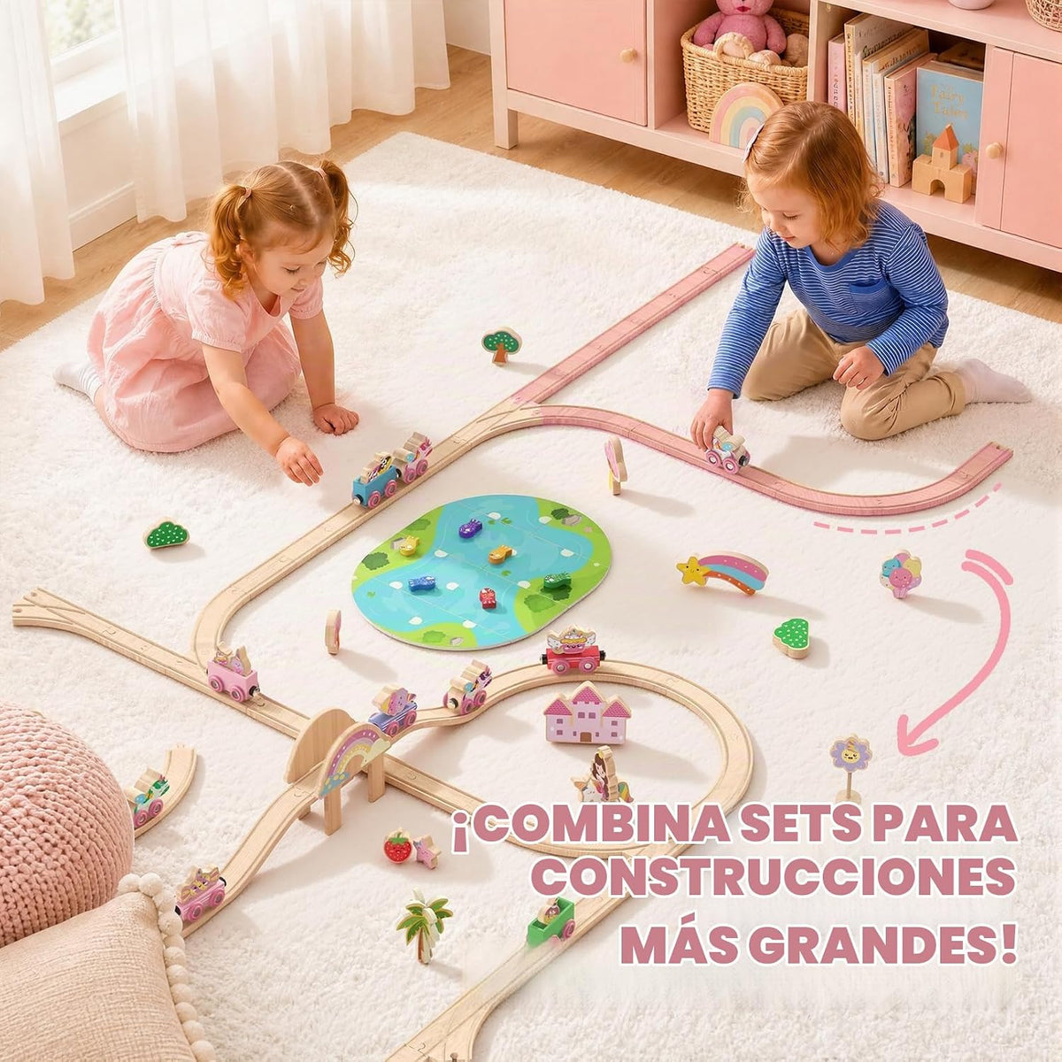 Hot Bee Juego de tren de madera 2 en 1, juego de pista de tren de juguete