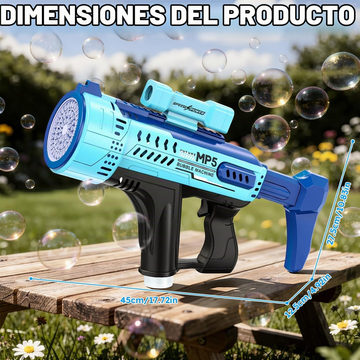 Pistola de burbujas, máquina de burbujas de 57 agujeros, juguetes para niños y niñas con luz colorida, verano al aire libre, fiesta de cumpleaños, regalos de Halloween, color azul