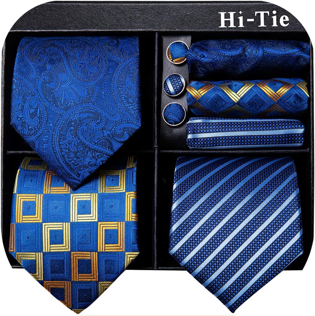 Hi-Tie - Juego de 3 piezas para hombre, incluye corbata, pañuelo de bolsillo, gemelos y pin de solapa, colección de corbata de seda
