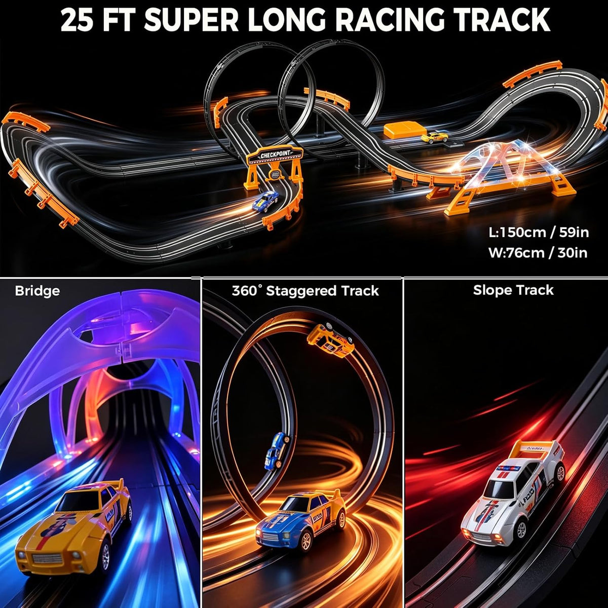 Juego de carreras de coches eléctricos con 4 tragamonedas de alta velocidad, juego de carreras dual con 2 controladores, pista circular de paso elevado con péndulo de puente flash, juguetes de regalo