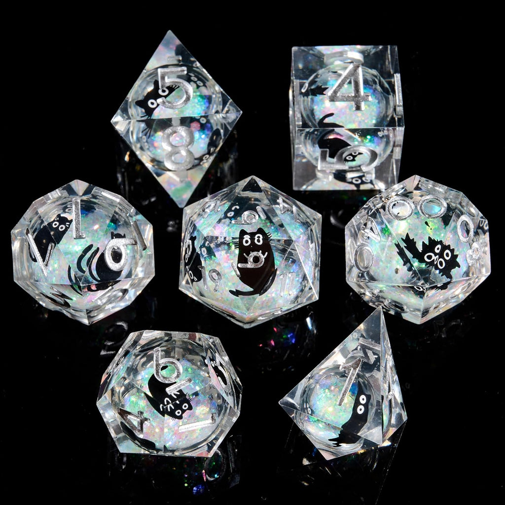 Juego de dados poliédricos D&D Dados de borde afilado de resina Mylar iridiscente Galaxy para RPG Juego de rol Compatible con DND Regalo (Arena Rápida Blanca + Gato Negro)