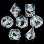 Juego de dados poliédricos D&D Dados de borde afilado de resina Mylar iridiscente Galaxy para RPG Juego de rol Compatible con DND Regalo (Arena Rápida Blanca + Gato Negro)
