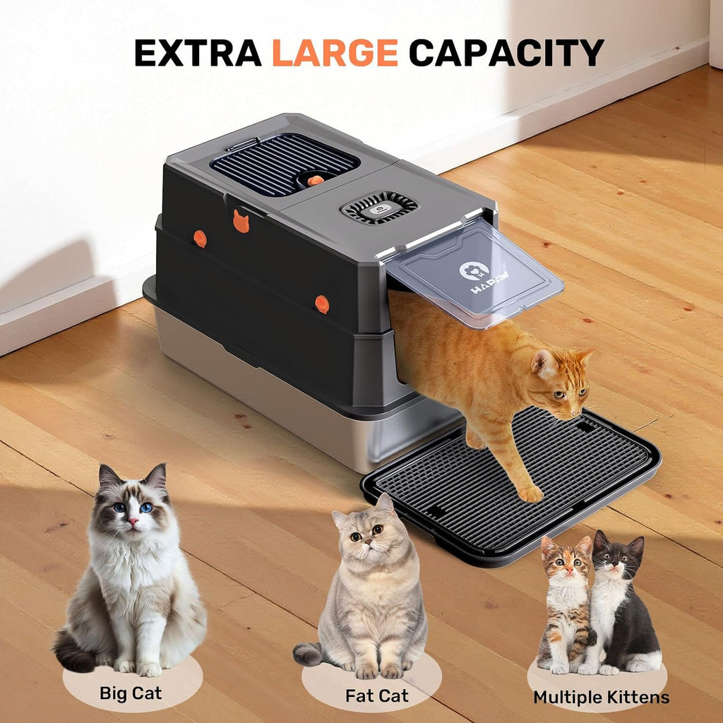 Caja de arena de acero inoxidable con tapa, caja de arena de metal cerrada anti-fugas, bandeja de arena extragrande para gato con pala y pedal de apertura abatible, sin olores, entrada frontal y superior dual, negro