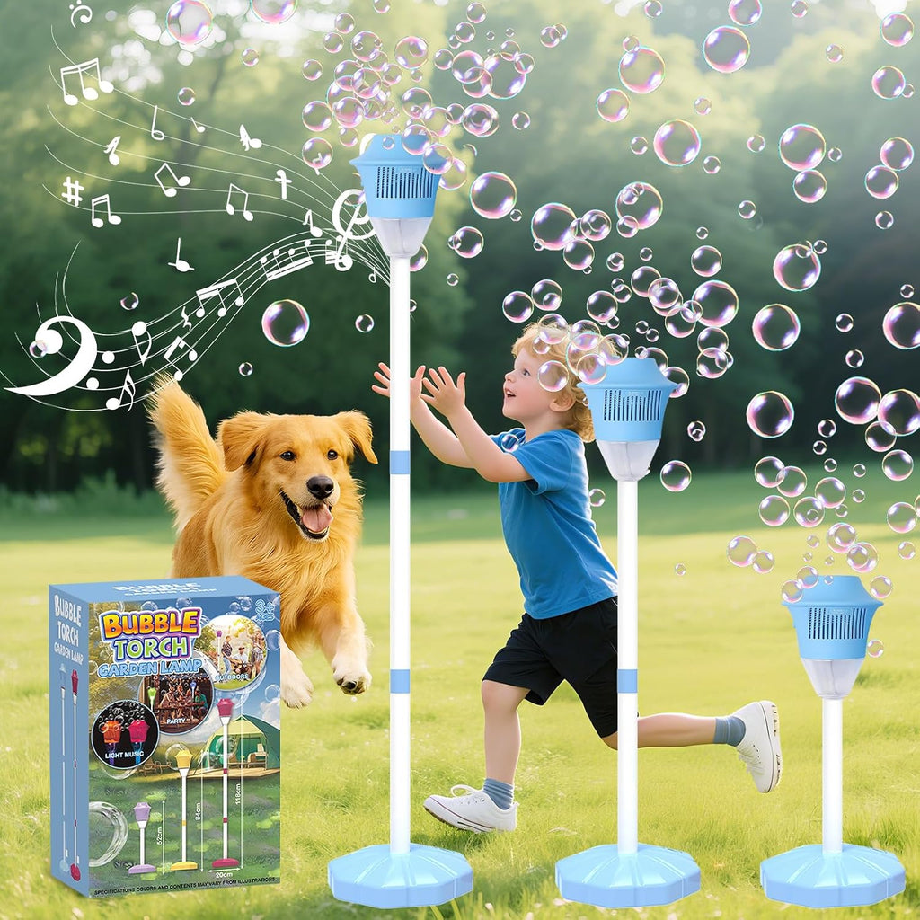 Máquina de burbujas para niños, máquina automática de hacer burbujas de pie, altura ajustable hasta 47 pulgadas, máquina de burbujas con batería para exteriores con luz/música para regalos de