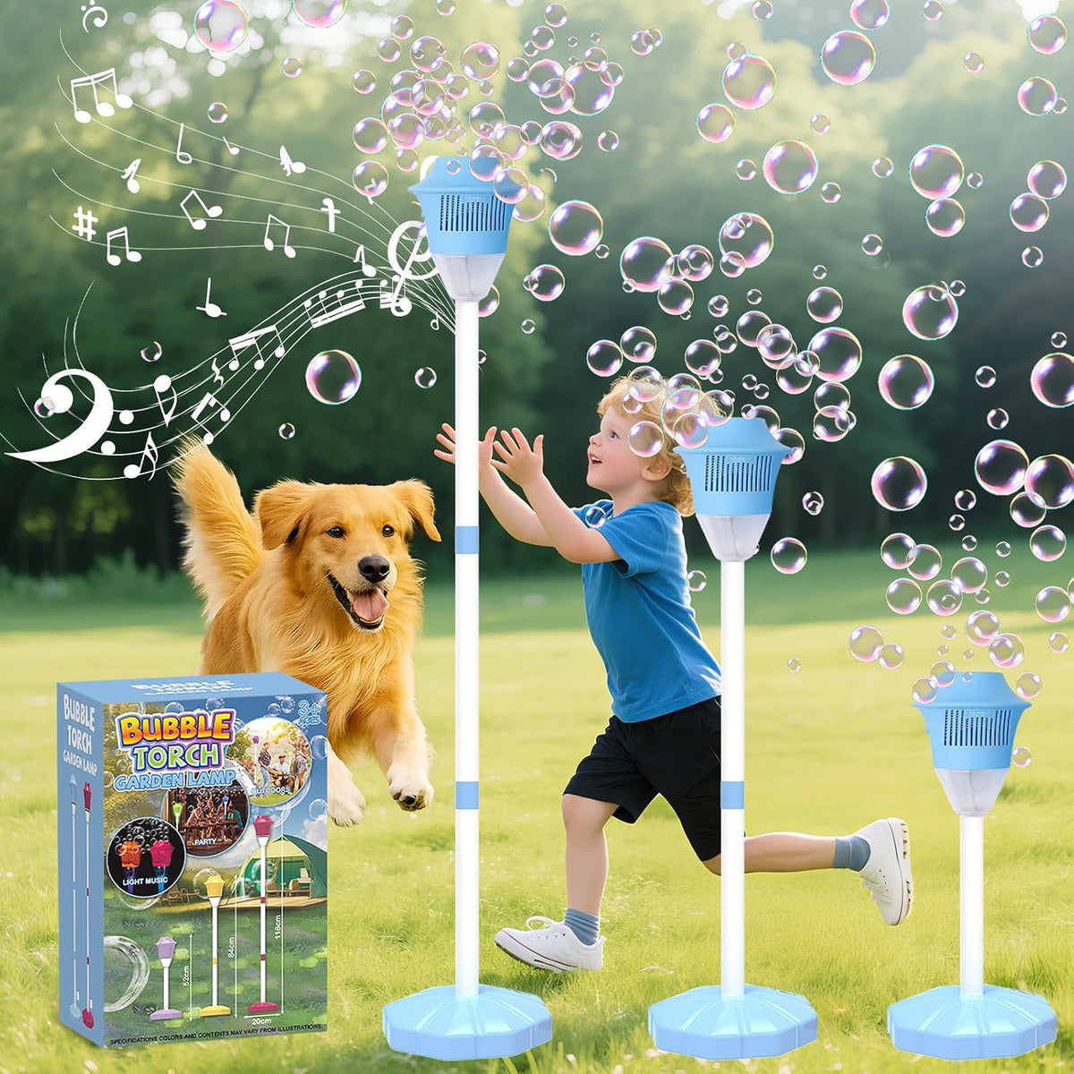 Máquina de burbujas para niños, máquina automática de hacer burbujas de pie, altura ajustable hasta 47 pulgadas, máquina de burbujas con batería para exteriores con luz/música para regalos de