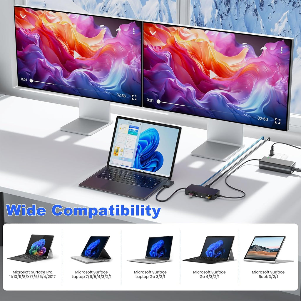 Estación de acoplamiento para superficie con adaptador de corriente, base de superficie 11 en 1, monitor dual 4K HDMI y VGA, Ethernet, concentrador USB, lector de tarjetas SD/TF para Surface Pro
