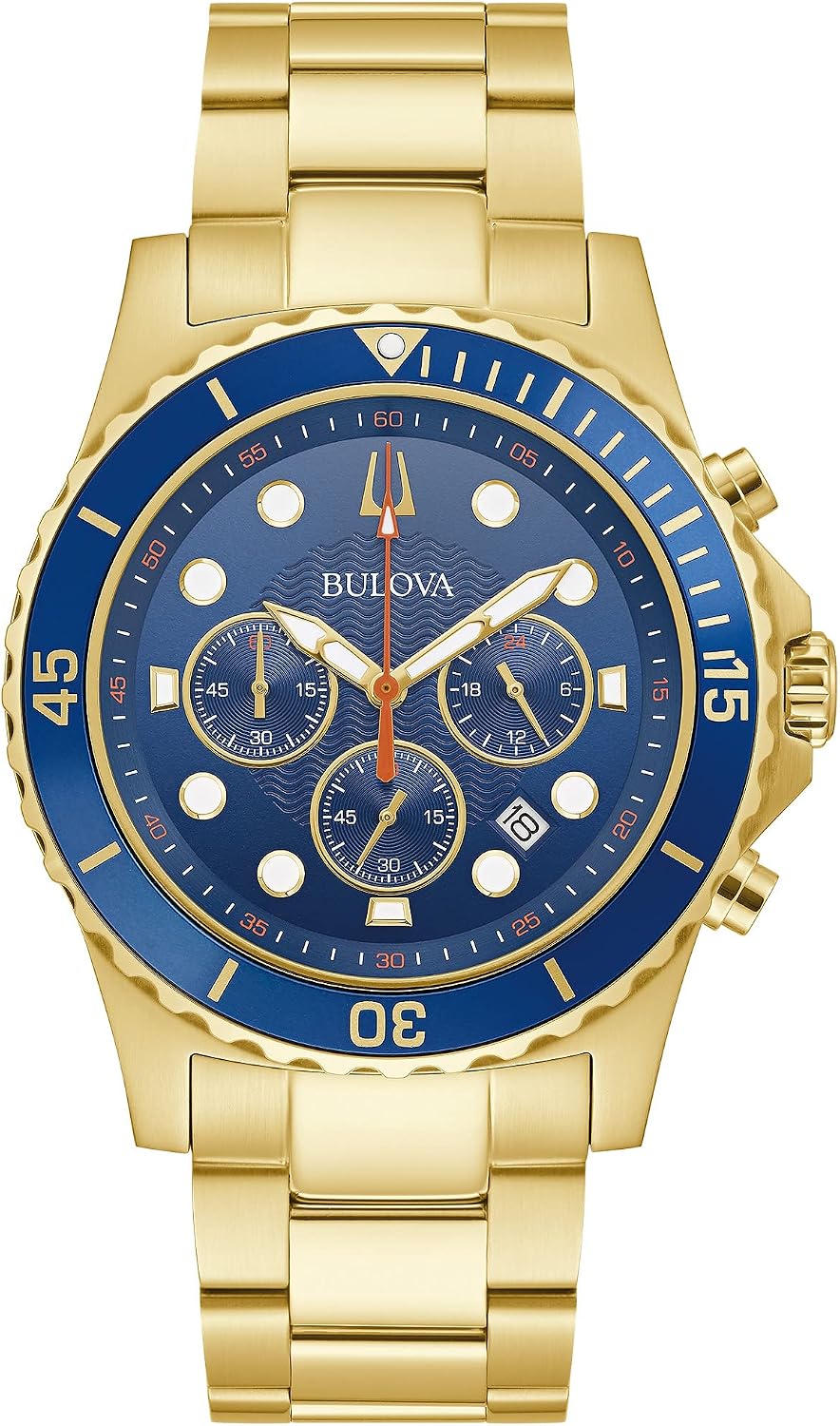 Bulova Reloj deportivo clásico para hombre de 6 manos con cronógrafo de cuarzo, calendario con fecha, manecillas y marcadores luminosos, resistente al agua hasta 100M, 44mm