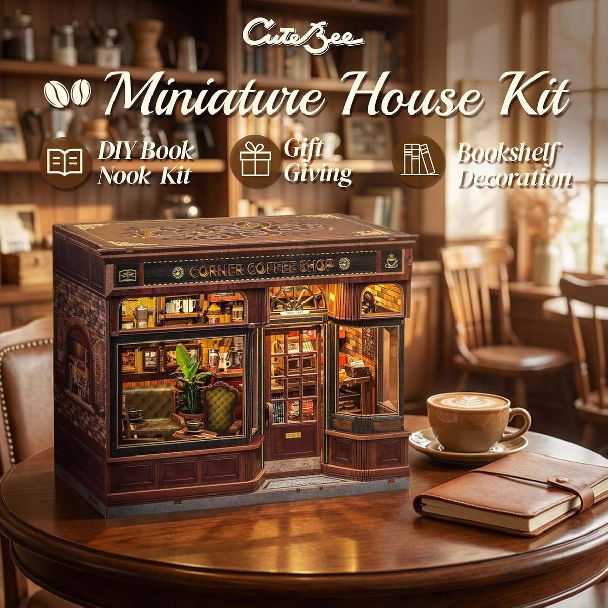 CUTEBEE Kit de Rincón de Libro, Casa en Miniatura DIY: Coffee Shop Dollhouse