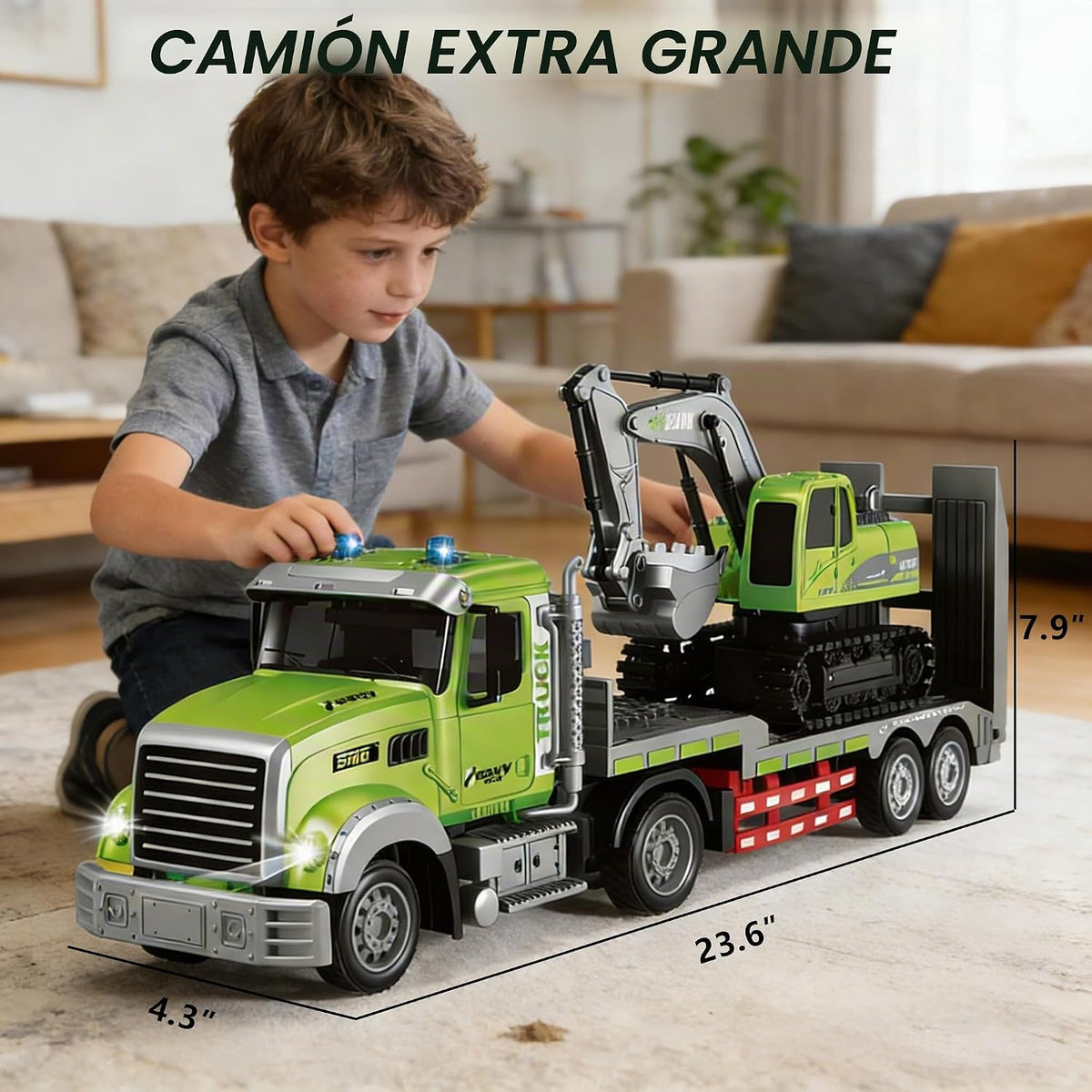 Juego de juguete de 11 canales RC semi camión y excavadora RC, camión plano de control remoto 1:12 con remolque, vehículo de ingeniería con sonido y luces, juguetes de excavadora de cubo de aleación, gran regalo para niños