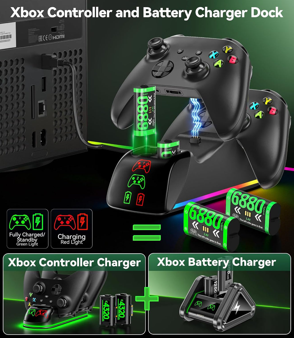 Cargador 4 en 1 para mandos Xbox Series/One X|S, con 4 paquetes de baterías recargables de 6880 mWh, carga controles remotos dobles y baterías simultáneamente, estación de carga cuádruple mejorada