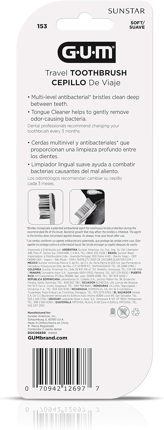 GUM Cepillo de dientes de viaje plegable, cabezal compacto + limpia...