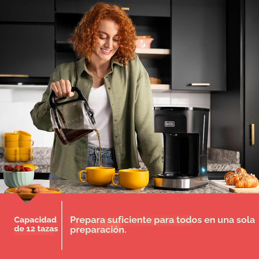 negro+DECKER CAFÉCRAFT Cafetera de goteo para 12 tazas, interruptor único con tecnología Vortex Showerhead, función Sneak-A-Cup, función de mantener caliente, acero inoxidable