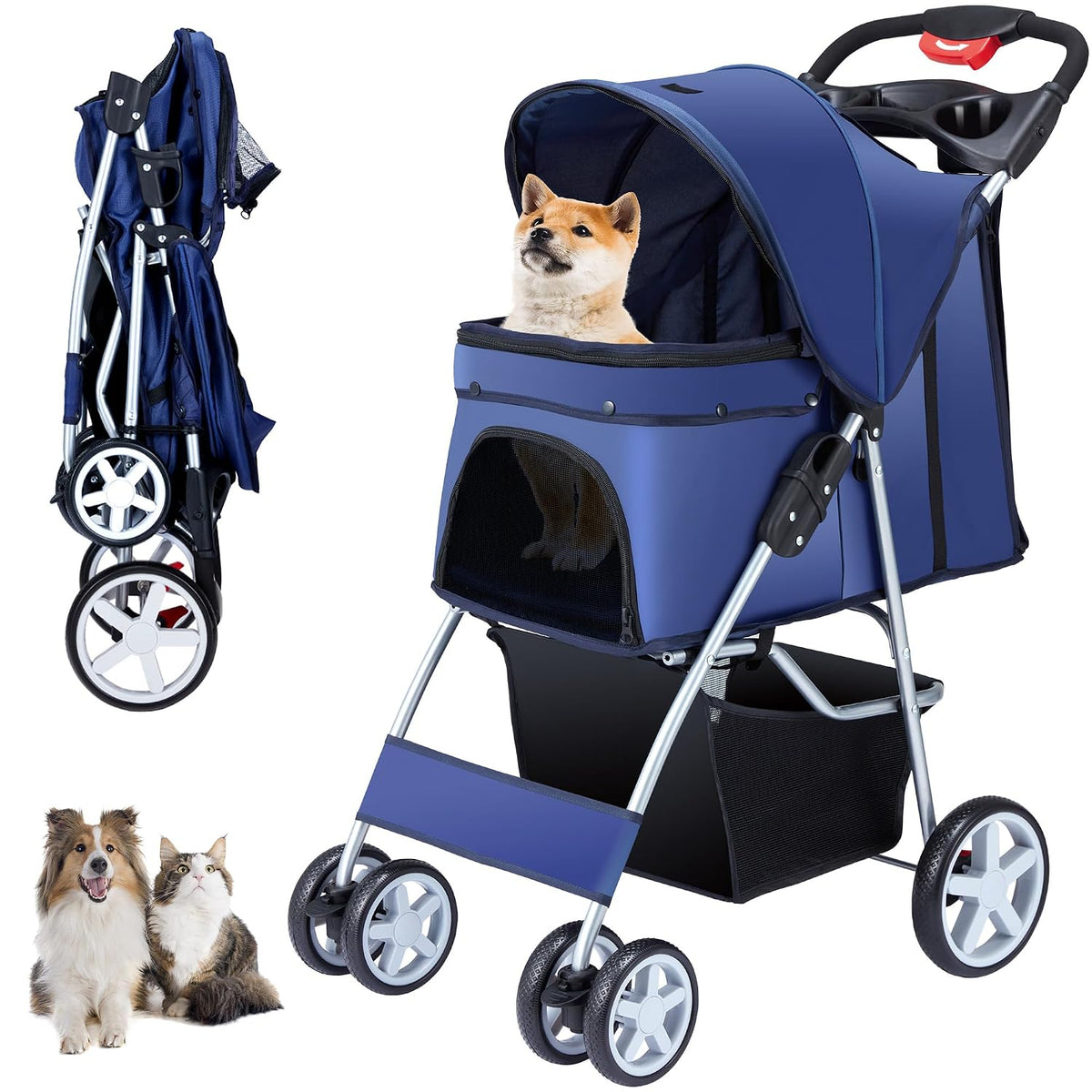 Unisakey Cochecito plegable para mascotas de 4 ruedas para perros y gatos