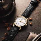 ROCOSJEWE R0101 Reloj Automático Mecánico para Hombre de Lujo Dorado Reloj Clásico Retro Correa de Cuero Marrón Impermeable Regalo para Hombre Moda Negocios