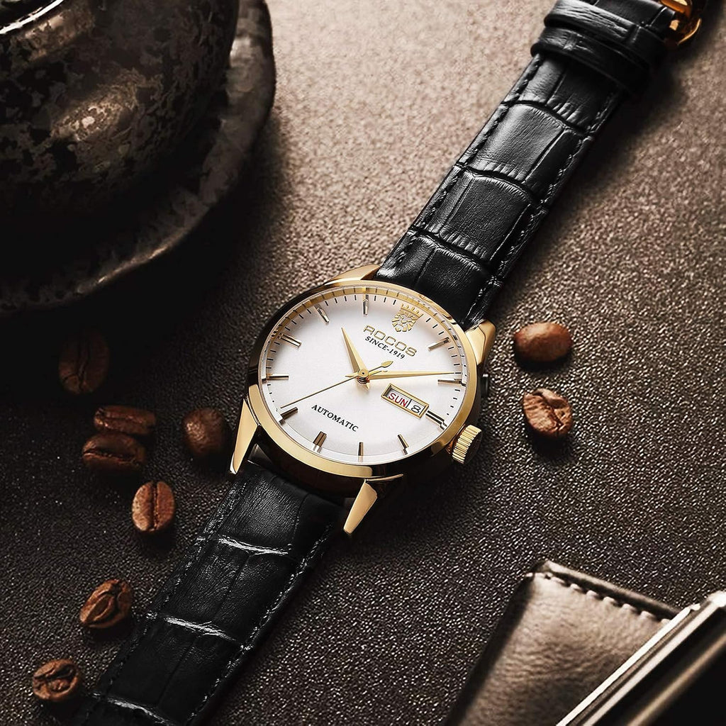 ROCOSJEWE R0101 Reloj Automático Mecánico para Hombre de Lujo Dorado Reloj Clásico Retro Correa de Cuero Marrón Impermeable Regalo para Hombre Moda Negocios