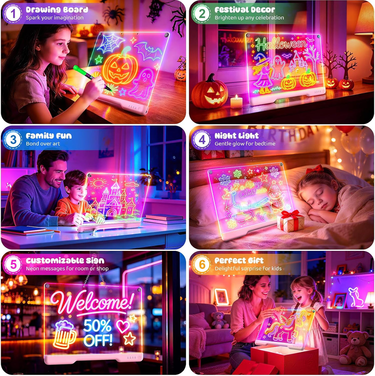 Tablero de notas LED recargable de 16 pulgadas, 7 modos de luz de color, almohadilla de dibujo de borrado en seco de neón con soporte integrado, juguete de regalo de bocetos para niños/niñas