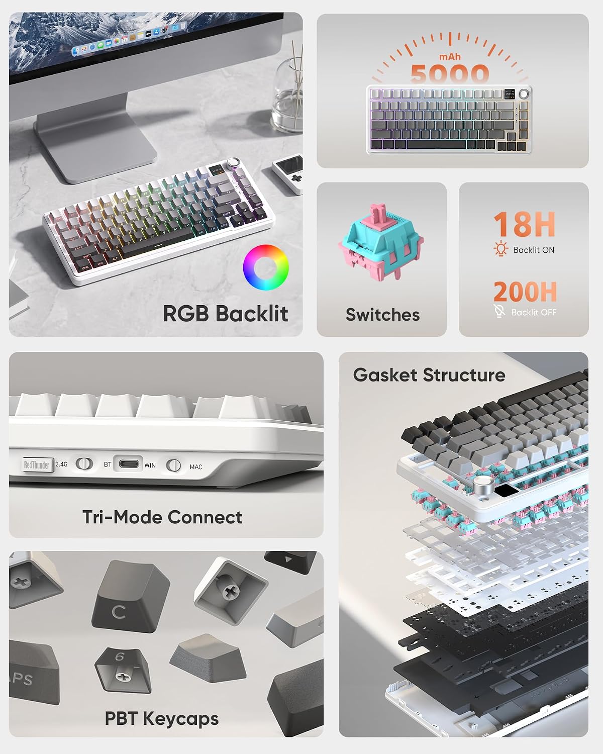 RedThunder Teclado mecánico inalámbrico K75 Pro para juegos, pantal...