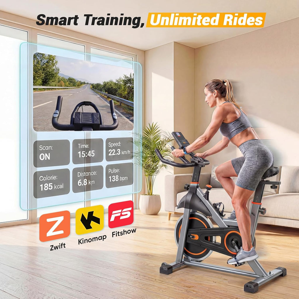 NEWBULIG Bicicleta estática con aplicación, bicicletas estacionarias para el hogar, bicicleta de entrenamiento para adultos y personas mayores, máquina de ciclismo, altura y resistencia ajustables