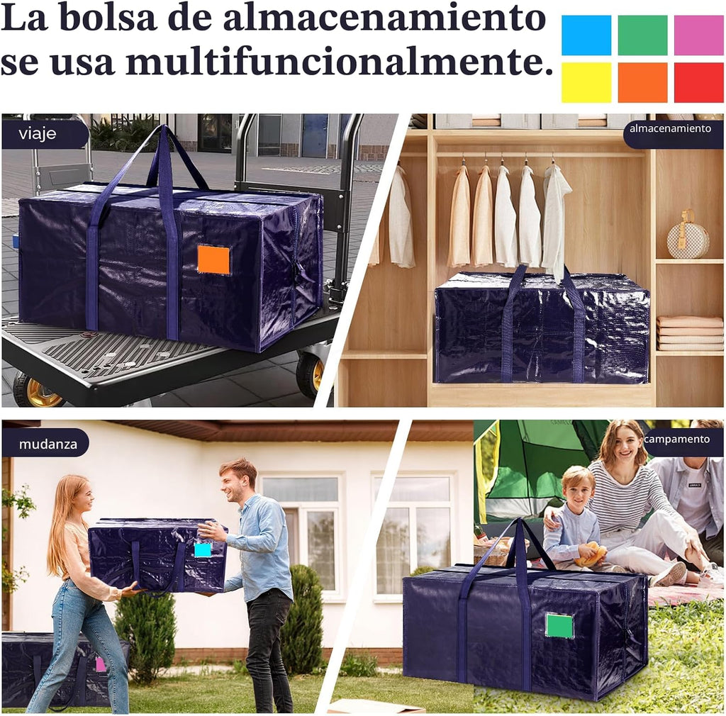 Paquete de 12 bolsas de mudanza con cremallera lateral completamente abierta, extra grandes de 93 L, resistentes, impermeables, plegables, para dormitorio universitario, organización de mudanzas y hogar, color azul oscuro