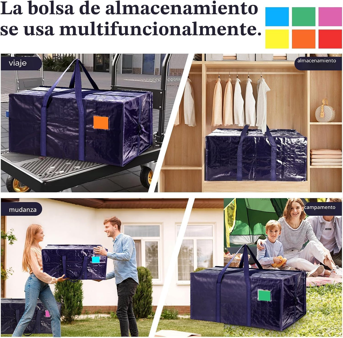 Paquete de 12 bolsas de mudanza con cremallera lateral completamente abierta, extra grandes de 93 L, resistentes, impermeables, plegables, para dormitorio universitario, organización de mudanzas y hogar, color azul oscuro