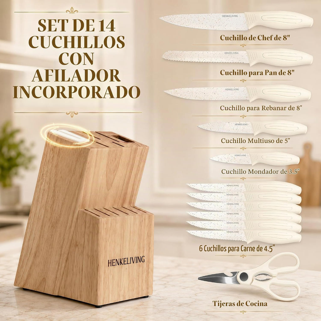 Juego de cuchillos con bloque afilador integrado, apto para lavavajillas