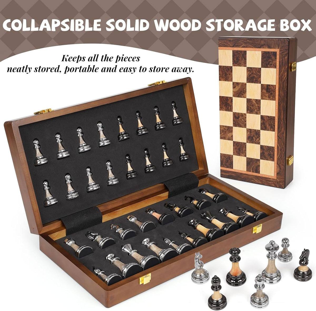 Juego de ajedrez grande de lujo de 17 pulgadas, tablero de ajedrez de madera con piezas de ajedrez de metal y acrílico, tamaño King de 3.5 pulgadas, 2 reinas adicionales, juego de ajedrez plegable para adultos y niños, exhibición de regalo, colección de