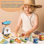 Juego de comida de madera para niños pequeños, tienda de comestibles, comida de juego de simulación, compras y juegos, accesorios de cocina para niños y niñas