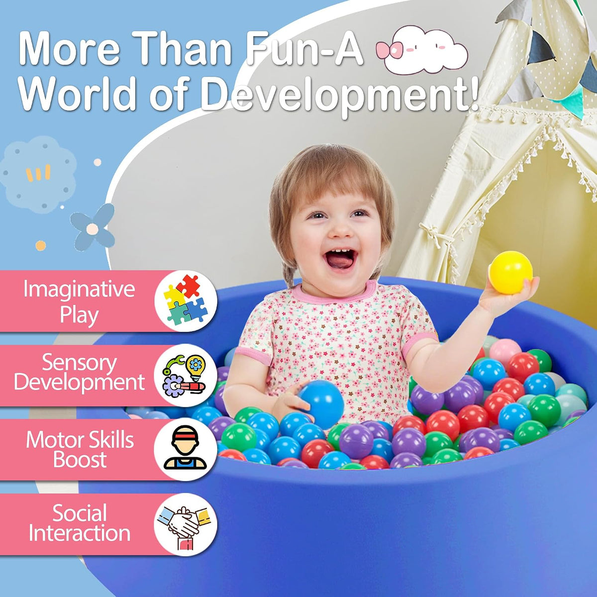 Piscina de bolas de espuma de 35.4 x 11.8 pulgadas para niños pequeños, pelotas redondas para bebés de 1 a 3 años, pelotas de juego para niños y niñas, pelotas no incluidas, azul