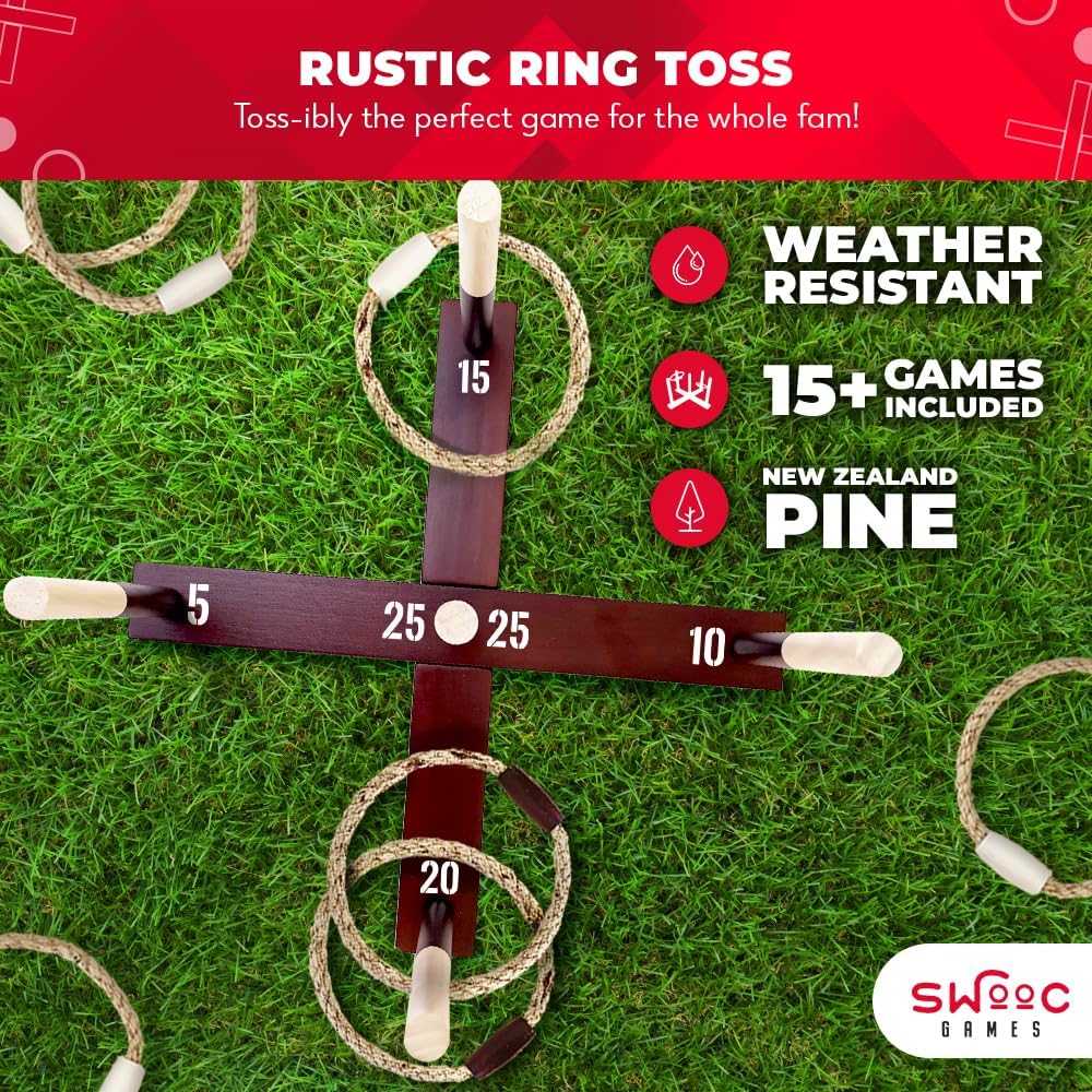 Swooc Juegos - Juego rústico de lanzamiento de anillos (todo tipo de clima) - Fácil configuración y juegos adicionales incluidos - Juego de lanzamiento de anillos para adultos - Actividades al aire