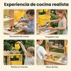 Cocina de barro de madera para niños con grifo de trabajo y fregadero
