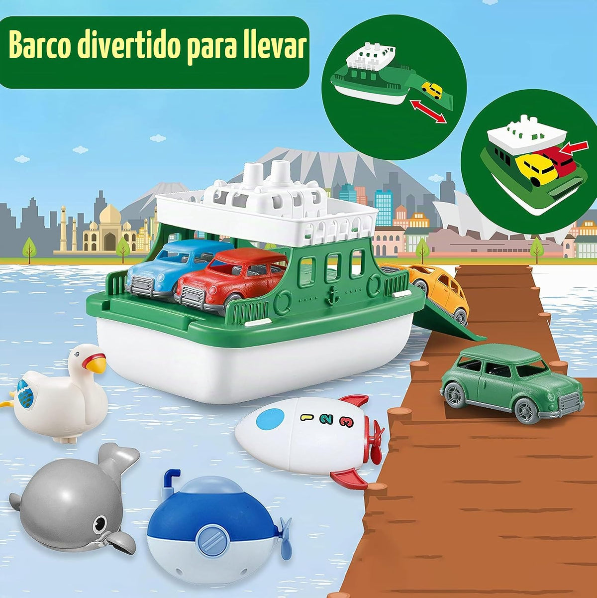 Barco Ferry con 4 Coches y 4 Juguetes de Baño de Cuerda, Juguete de Baño para Niños Vehículo Flotante Ballenas Submarinos Cisnes Cohetes, Conjunto de Juguetes de Bañera Baño Piscina Playa para