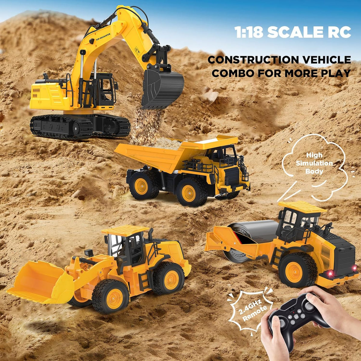 18.1" RC Excavator Toy para Boys, 1:18 Remote Control Construction Vehicle