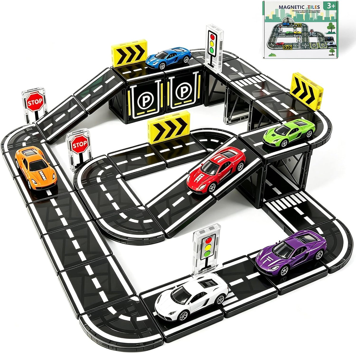 Juego de azulejos magnéticos con coches, bloques magnéticos para niños de 4