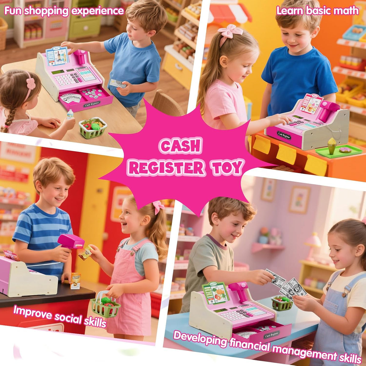 Caja Registradora de Madera para Niños con Calculadora Real, Color