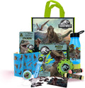 Megatoys Jurassic World - Juego de regalo de bolsa de mano, rompecabezas de 24 piezas, botella de agua, paquete de 50 calcomanías, yoyó, varita de burbujas, juego de tiza, disco volador (frisbee)