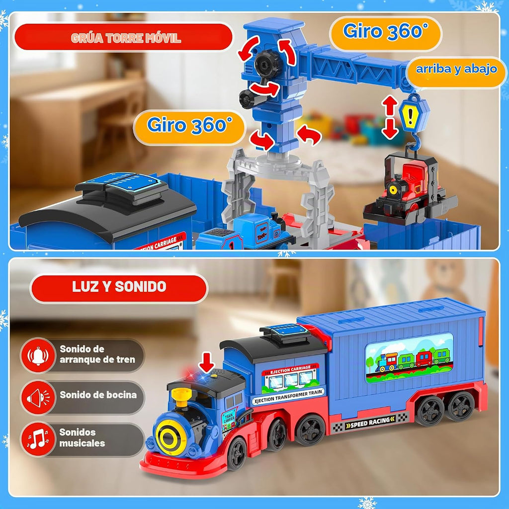 Juego de tren de juguete 2 en 1 para niños pequeños, base de tren de catapulta con grúa torre móvil, 8 pequeños trenes magnéticos, efecto de luz y sonido, juguete de camión de expulsión para niños